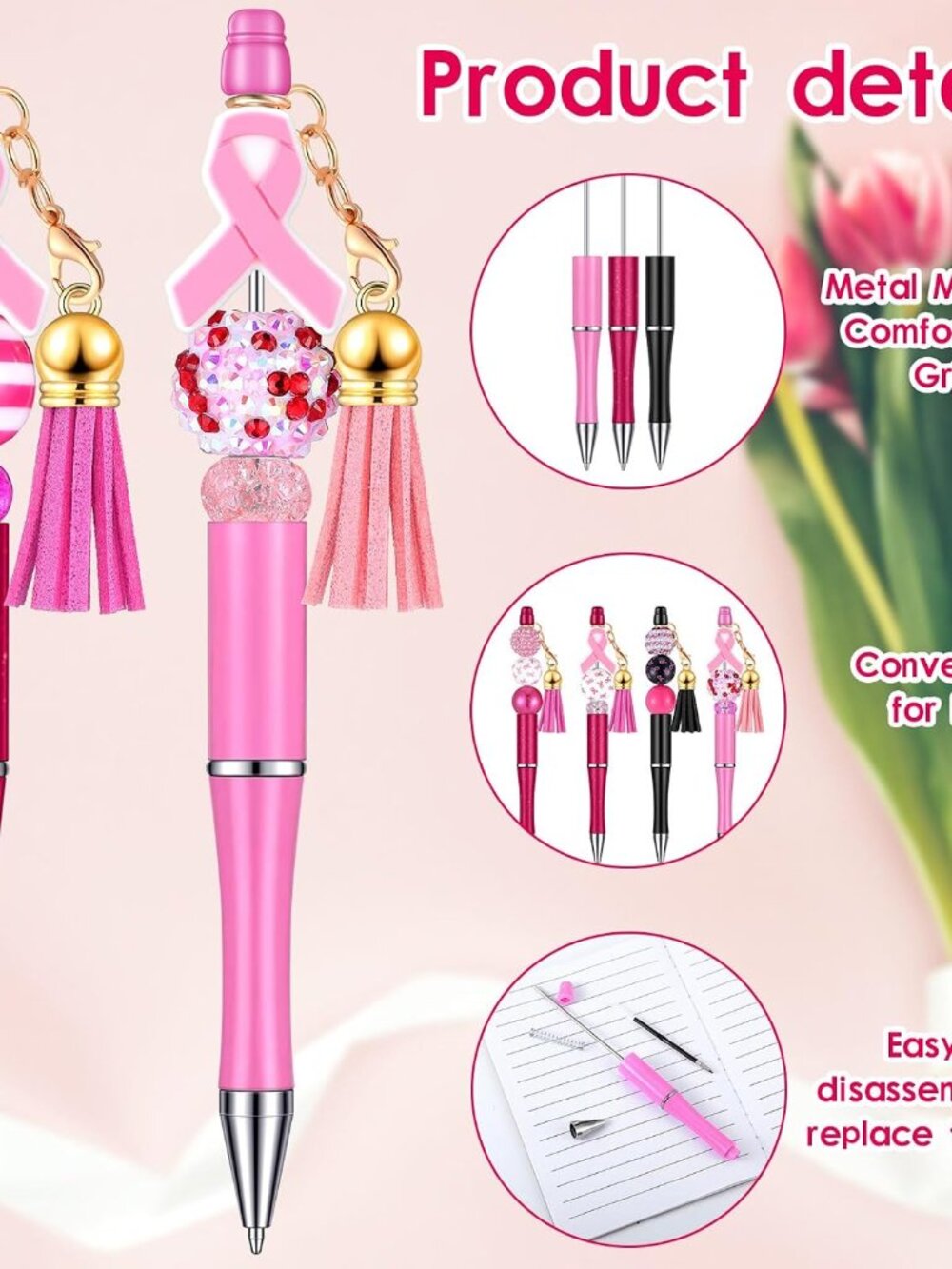 12 Pieces Beadable Pens Bulk with 50 Pcs Assorted Colors Beads Pens DIY Making K - Picture 3 of 6